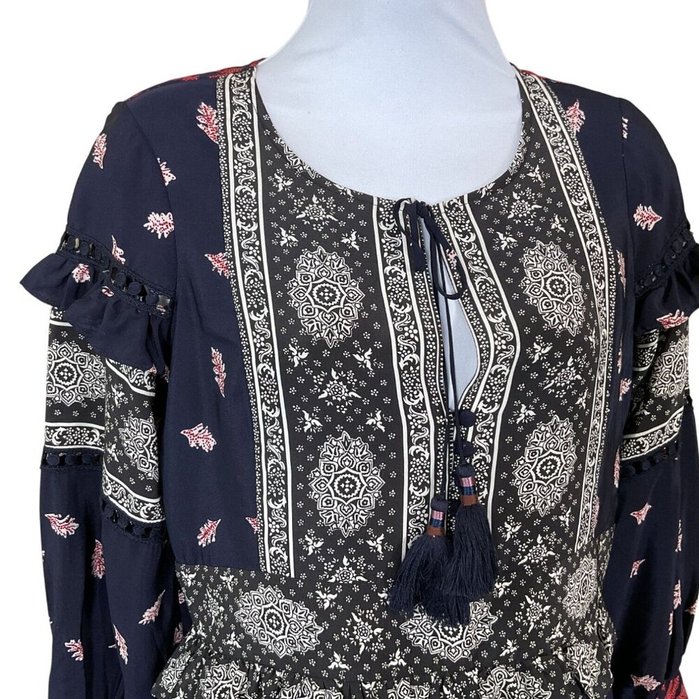 Sea New York Eloise Boho Fall Leaves Long Sleeve Tassel Tie Silk Midi Dress 2 - Picture 4 of 13